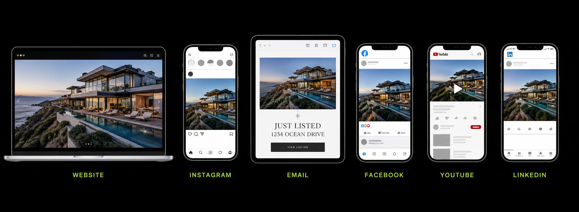 The same listing distributed across website, Instagram, email, Facebook, YouTube, and LinkedIn