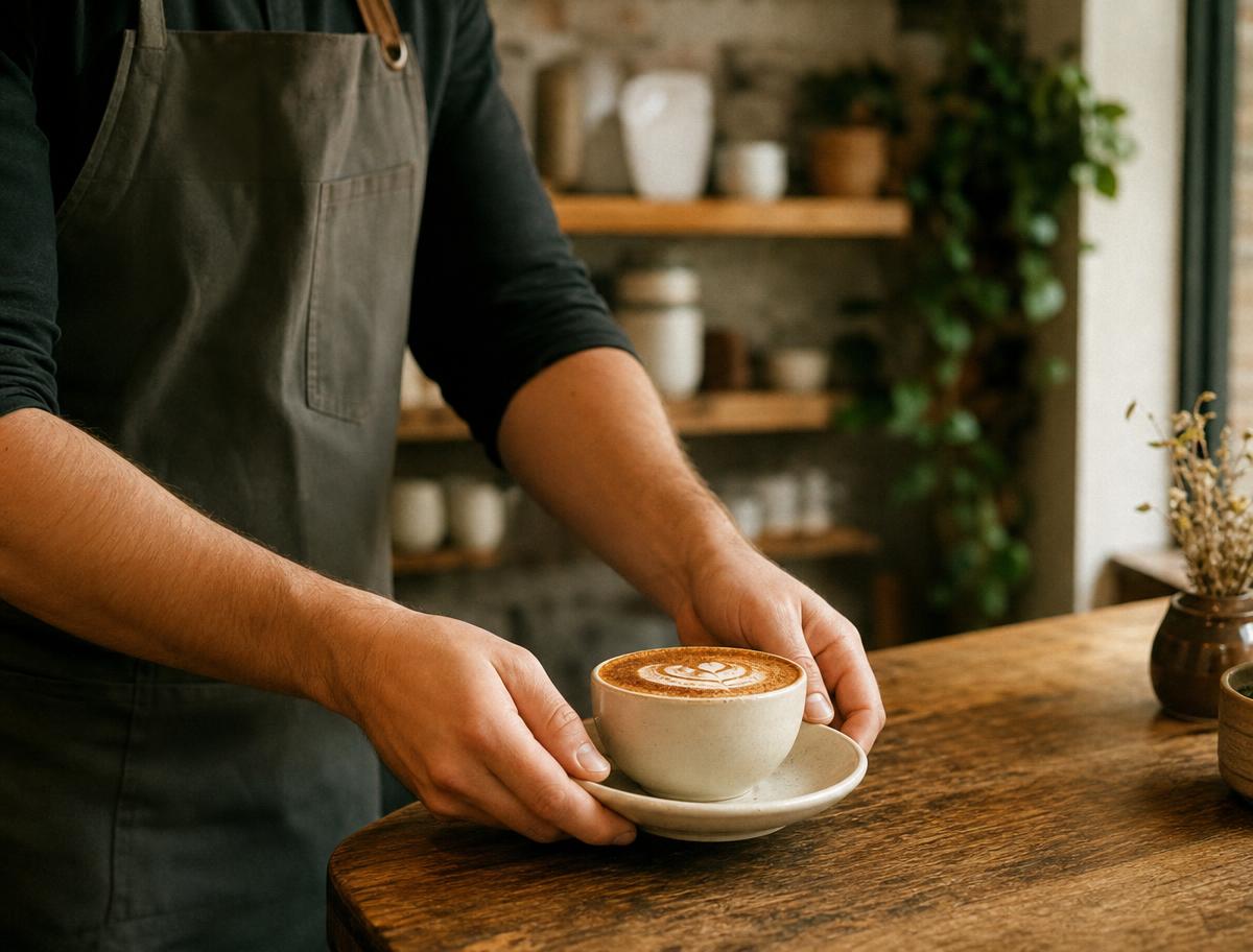 A barista setting a finished cappuccino on the counter