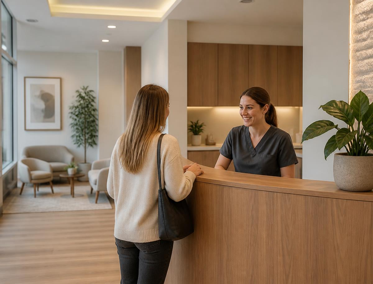 Front desk of a calm modern dental practice