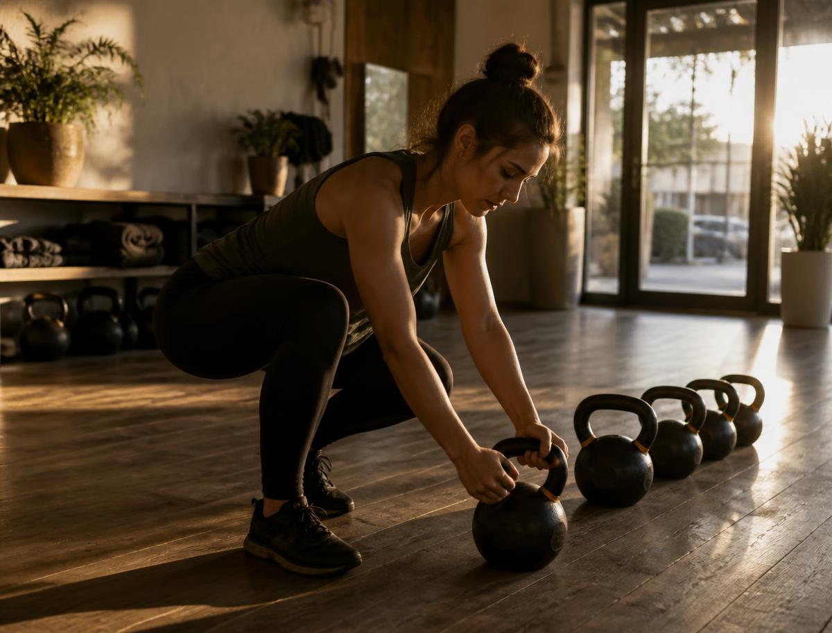 Trainer resetting kettlebells in a small studio