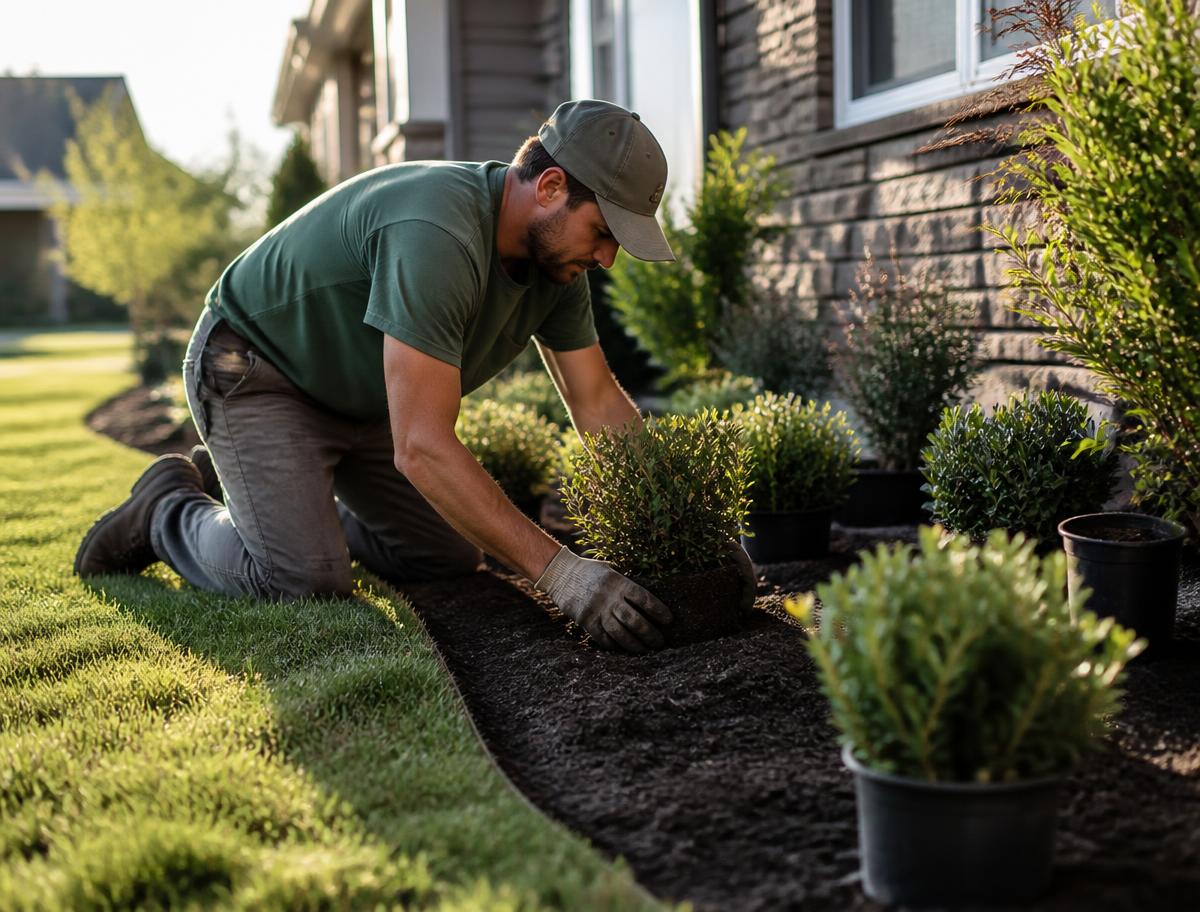 Landscaper planting shrubs along a fresh garden bed