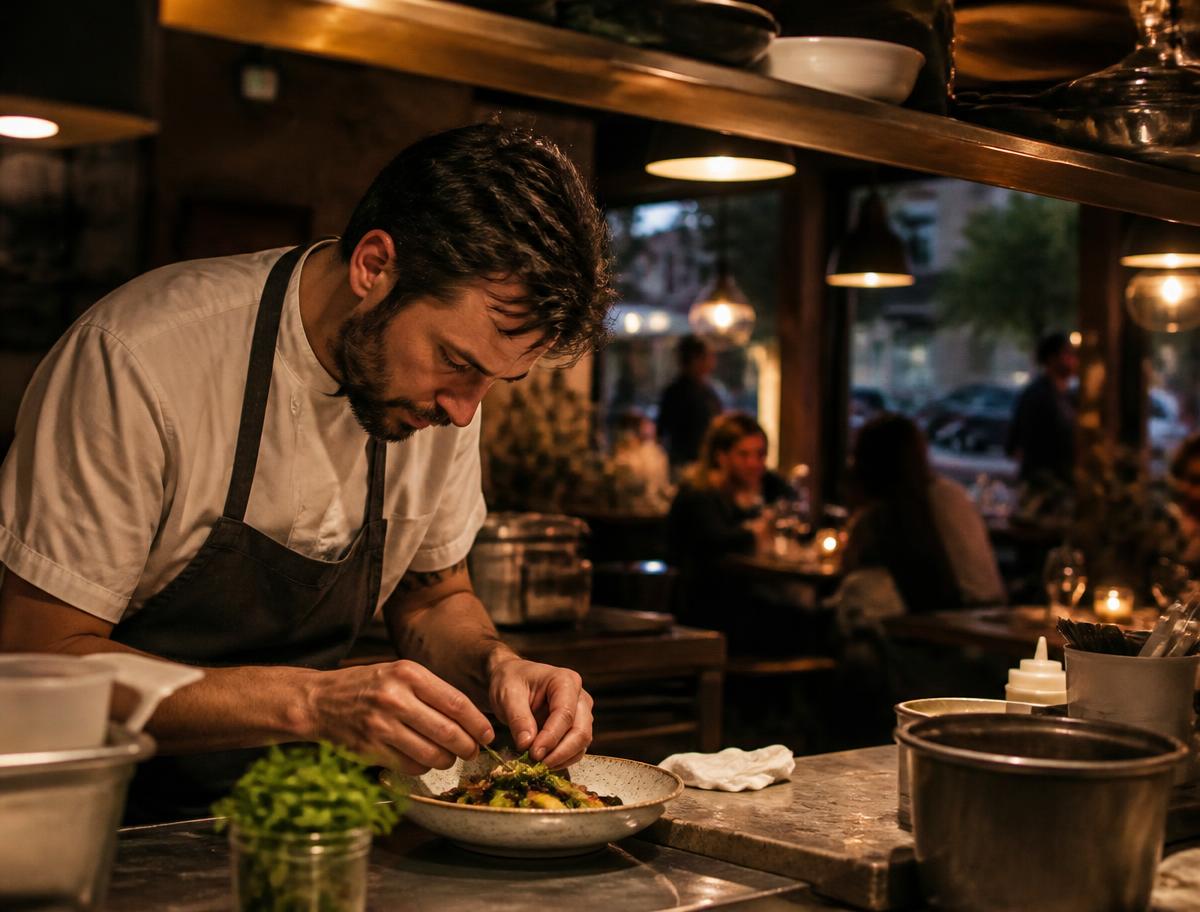 Chef plating a dish at the pass of a neighbourhood restaurant