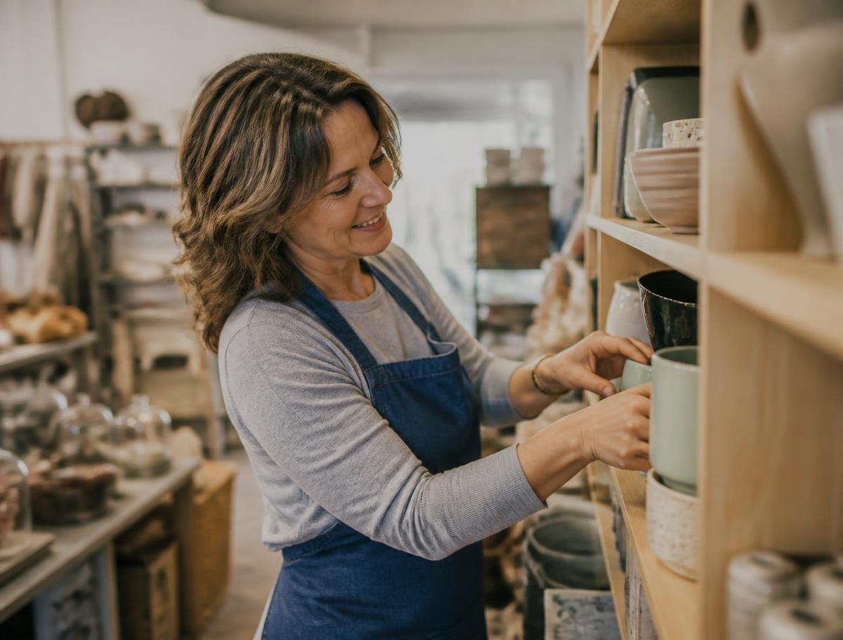A shop owner in an apron restocking a shelf