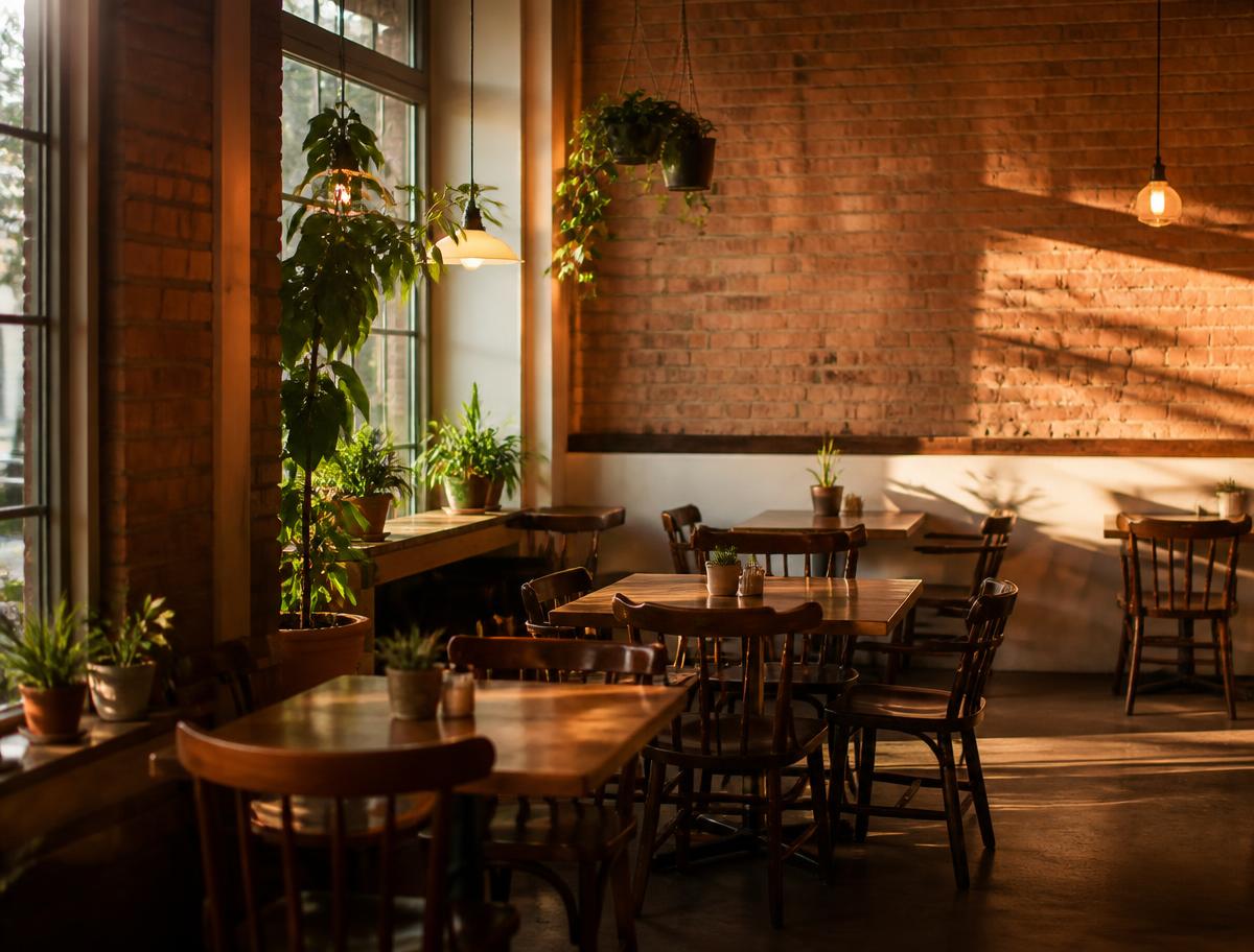 Cafe interior with wooden tables and plants in warm light